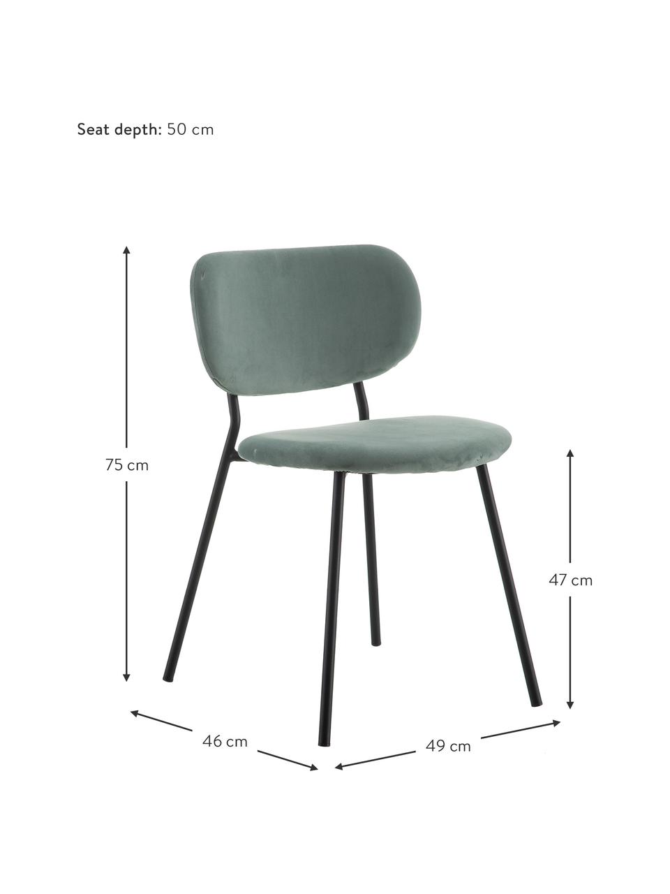 Sedia imbottita in velluto Elyse, Rivestimento: 100% velluto di poliester, Gambe: metallo, Verde menta, nero, Larg. 49 x Prof. 46 cm