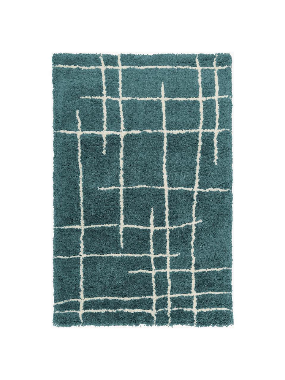 Puszysty ręcznie tuftowany dywan z długim włosiem Amelie, Petrol, kremowobiały, S 80 x D 150 cm (Rozmiar XS)