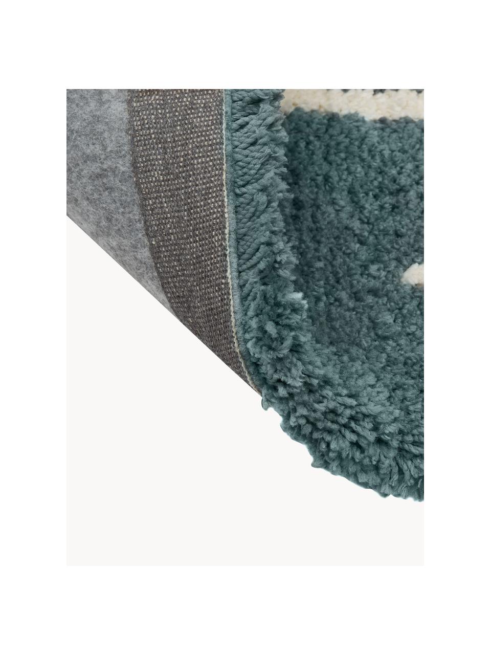 Flauschiger Hochflor-Teppich Amelie, handgetuftet, Flor: 100 % Polyester, Petrol, Cremeweiß, B 80 x L 150 cm (Größe XS)