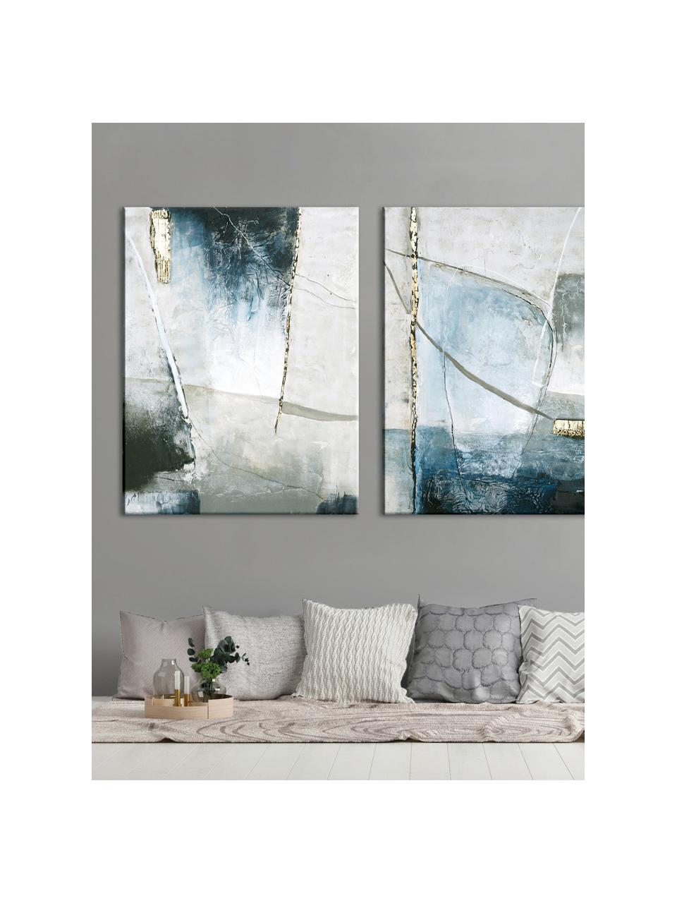 Handgeschilderde canvasdoek Golden Blue I, Grijs- en blauwtinten, B 90 x H 120 cm