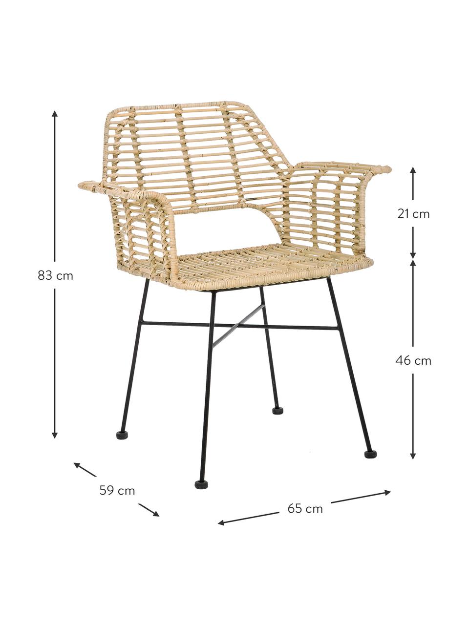 Rotan armstoel Tunas, Zitvlak: rotan, Frame: gepoedercoat metaal, Beige, zwart, 65 x 59 cm