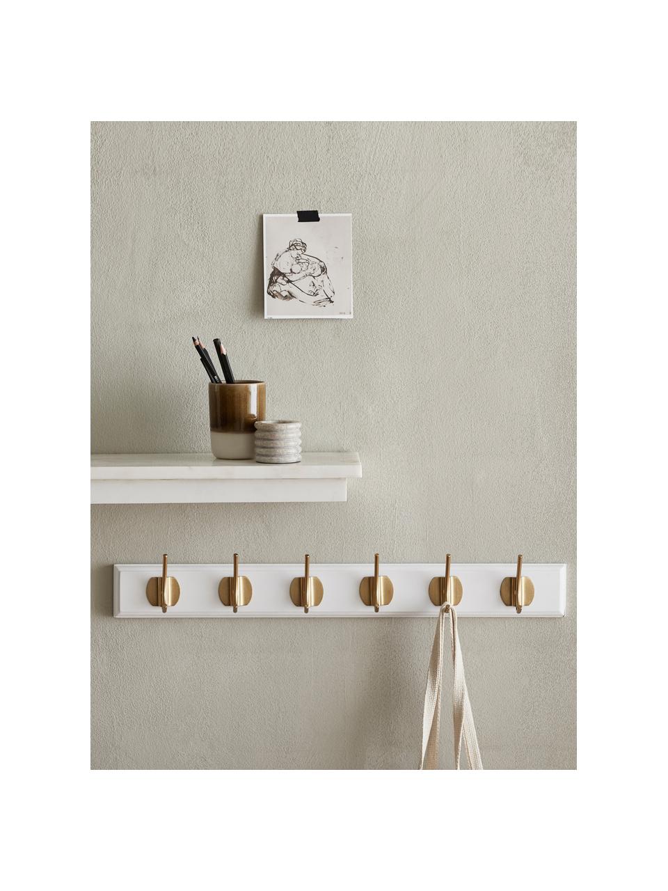 Garderobenleiste Edgy aus Holz mit 8 Haken, Metall, Mitteldichte Holzfaserplatte (MDF), Weiß, Goldfarben, B 90 x H 7 cm