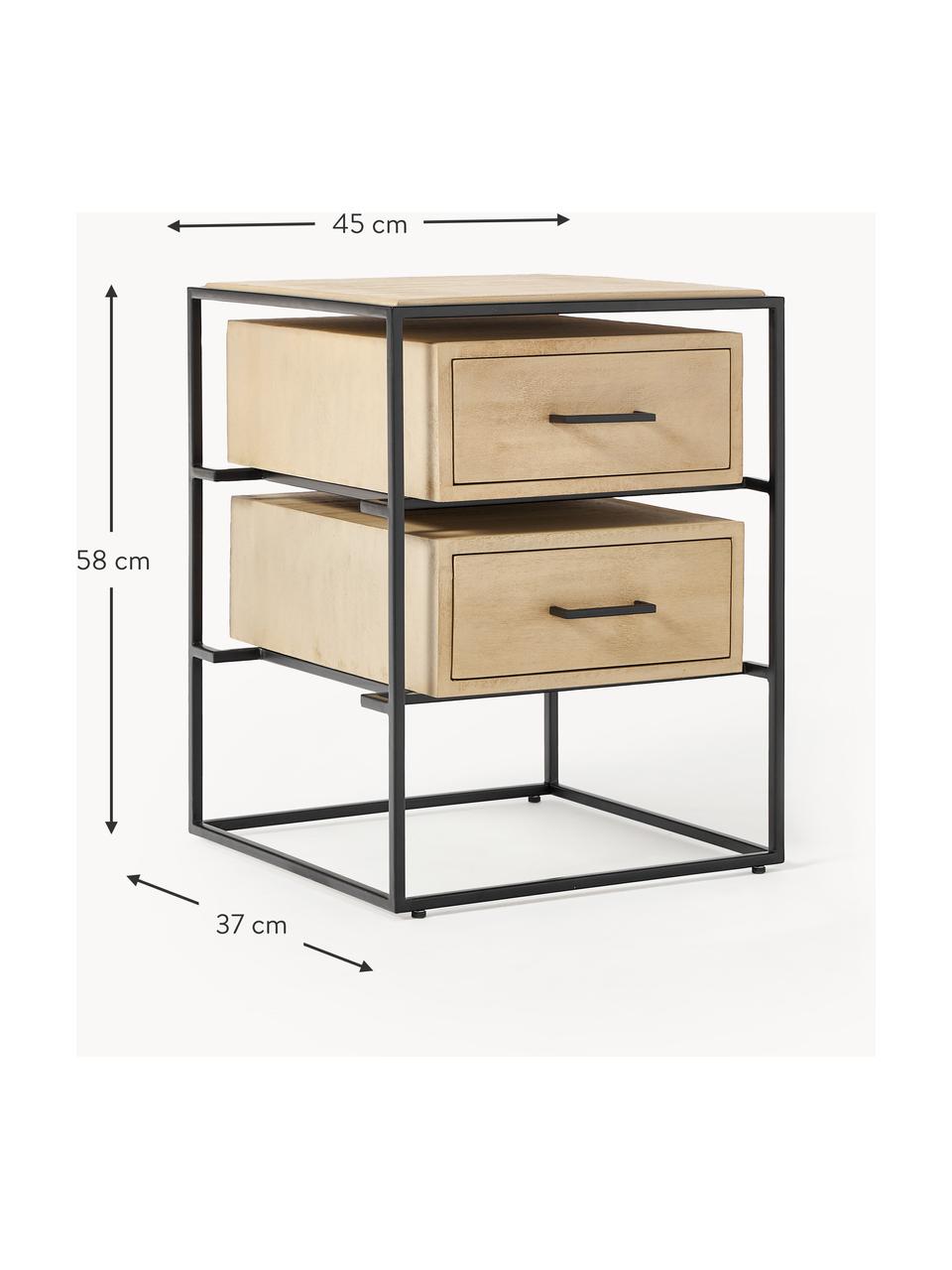 Nachttisch Lyle, Tischplatte: Massives Mangoholz, Helles Mangoholz, Schwarz, B 45 x H 58 cm
