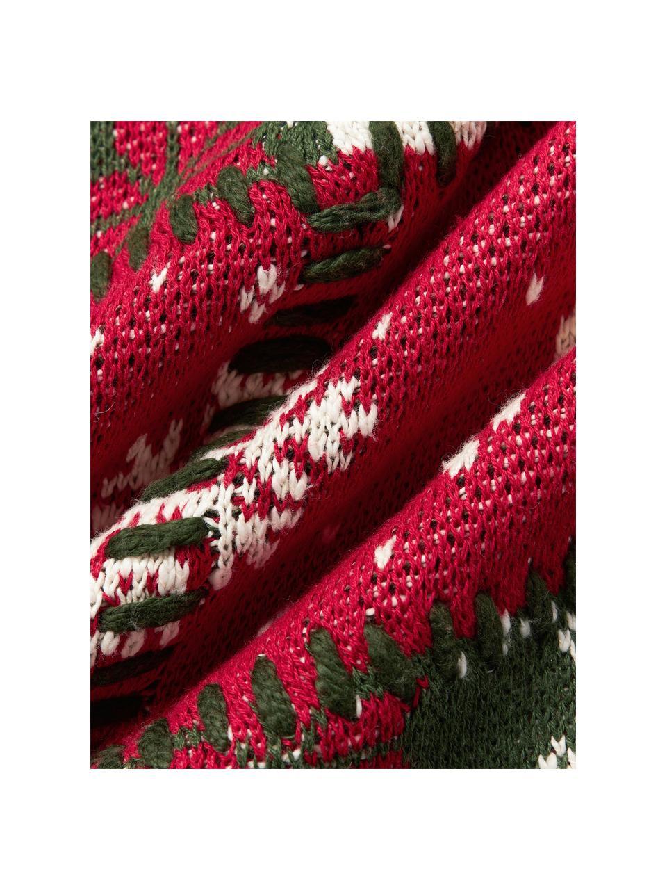 Copricuscino a maglia ricamata con motivo natalizio Derby, 100% cotone, Rosso, verde scuro, bianco, Larg. 50 x Lung. 50 cm