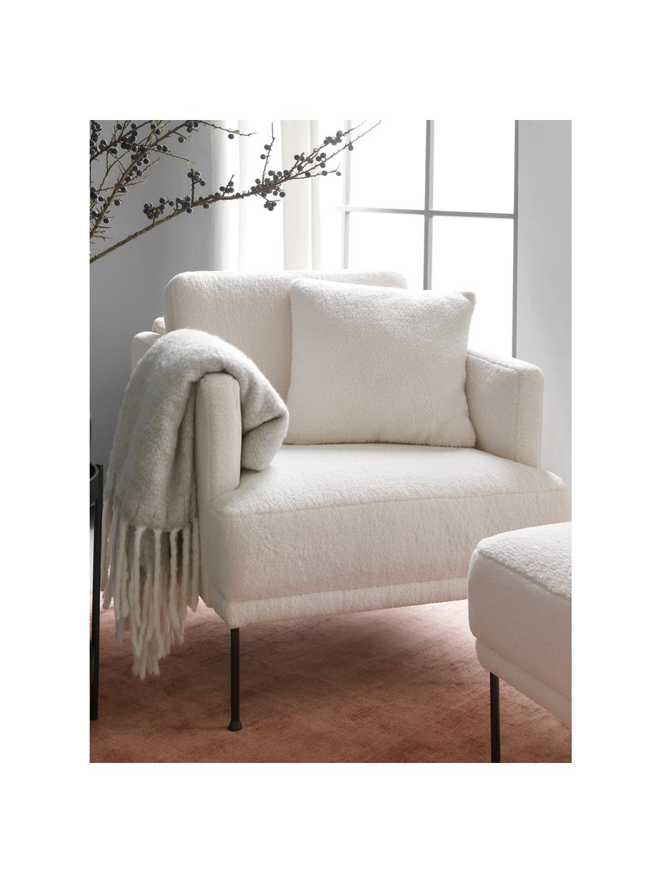 Fauteuil tissu peluche et pieds en métal Fluente, Teddy blanc crème, larg. 74 x prof. 85 cm