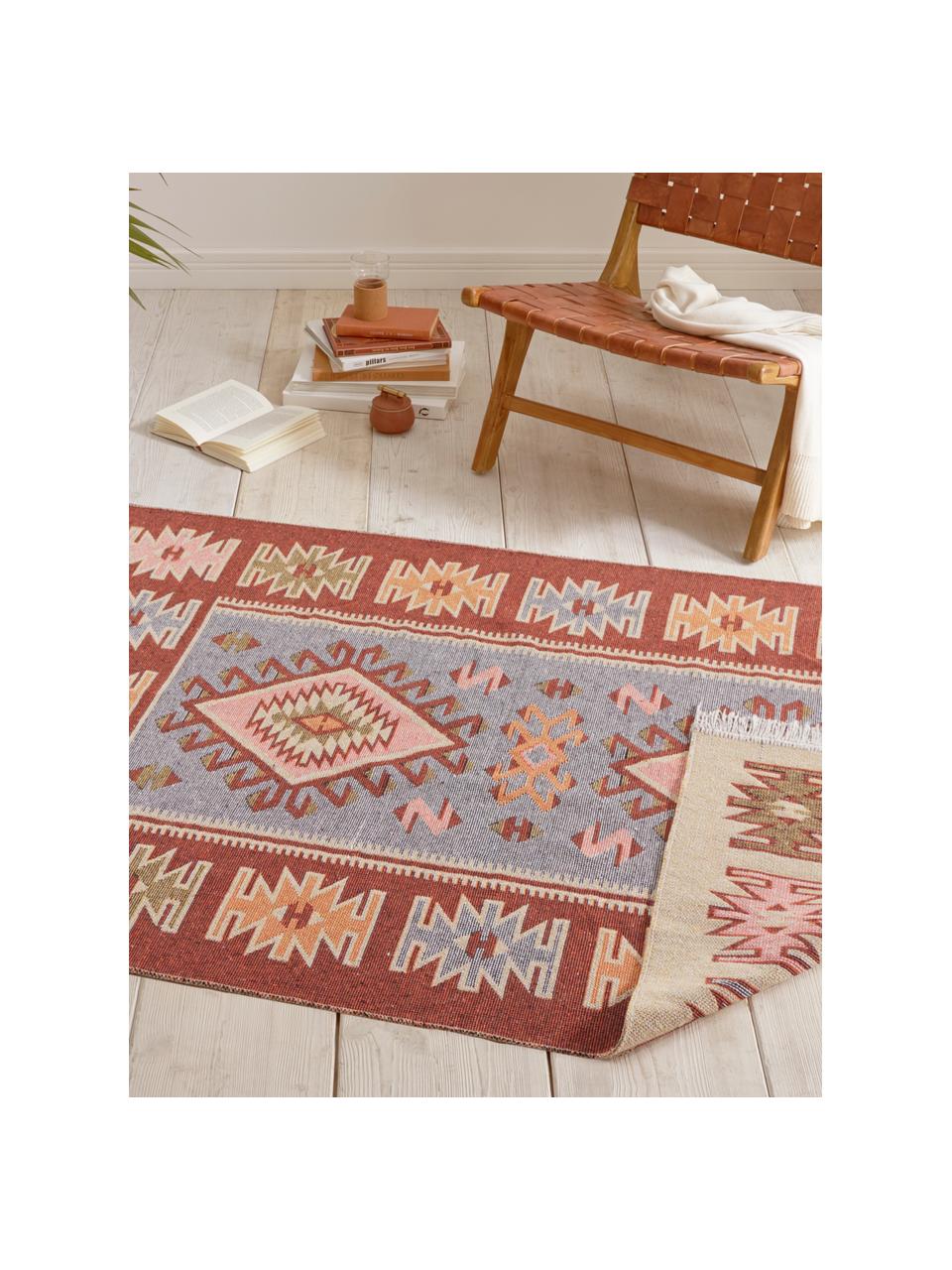 Kelim vloerkleed Yamuna in ethnostijl van katoen, 100% katoen, Rood, oranje, blauw, beige, roze, B 160 x L 220 cm (maat M)