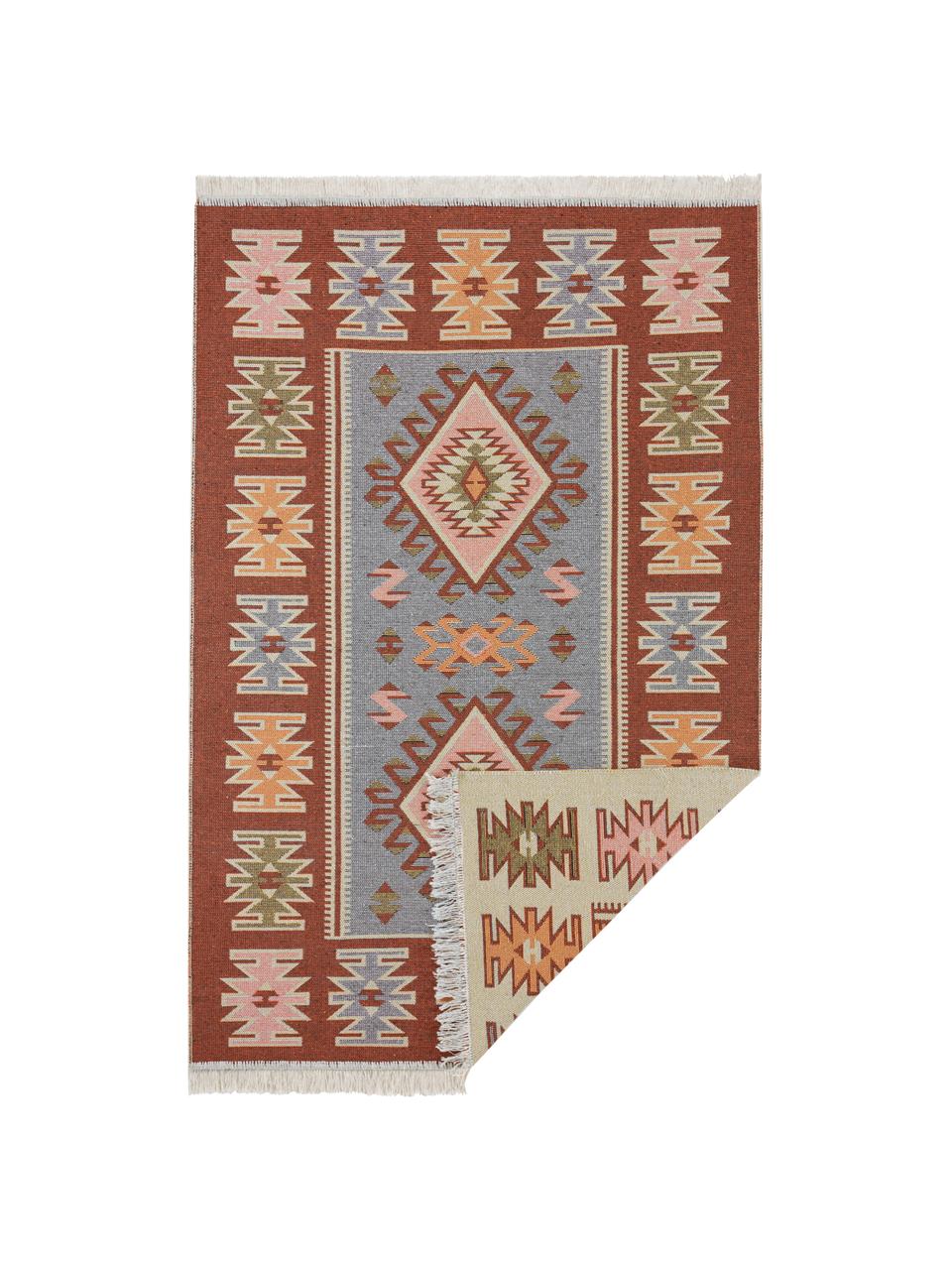 Kelim vloerkleed Yamuna in ethnostijl van katoen, 100% katoen, Rood, oranje, blauw, beige, roze, B 160 x L 220 cm (maat M)