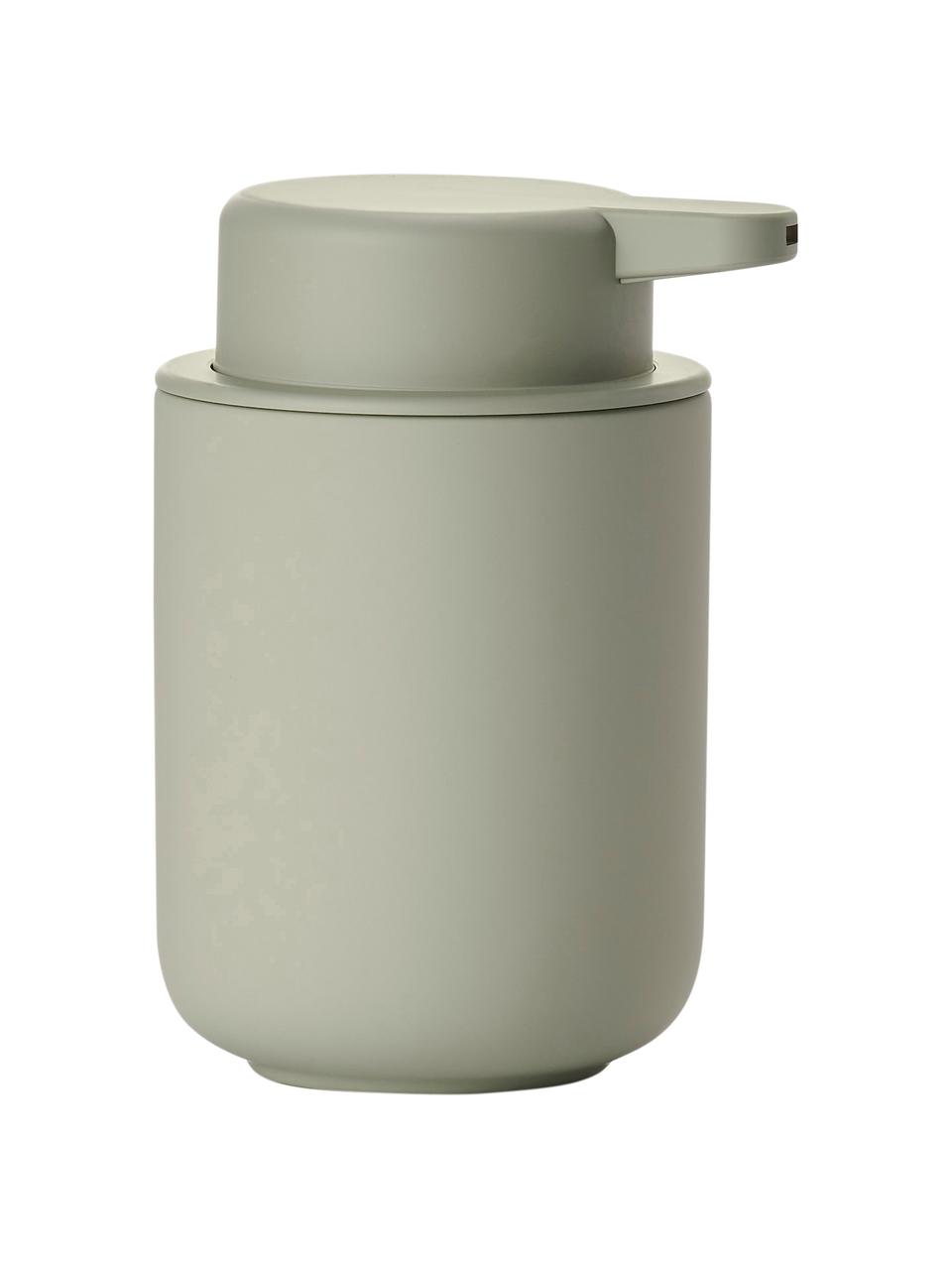 Dispenser sapone in maiolica con superficie soft-touch Ume, Contenitore: gres rivestita con superf, Verde eucalipto, Ø 8 x Alt. 13 cm