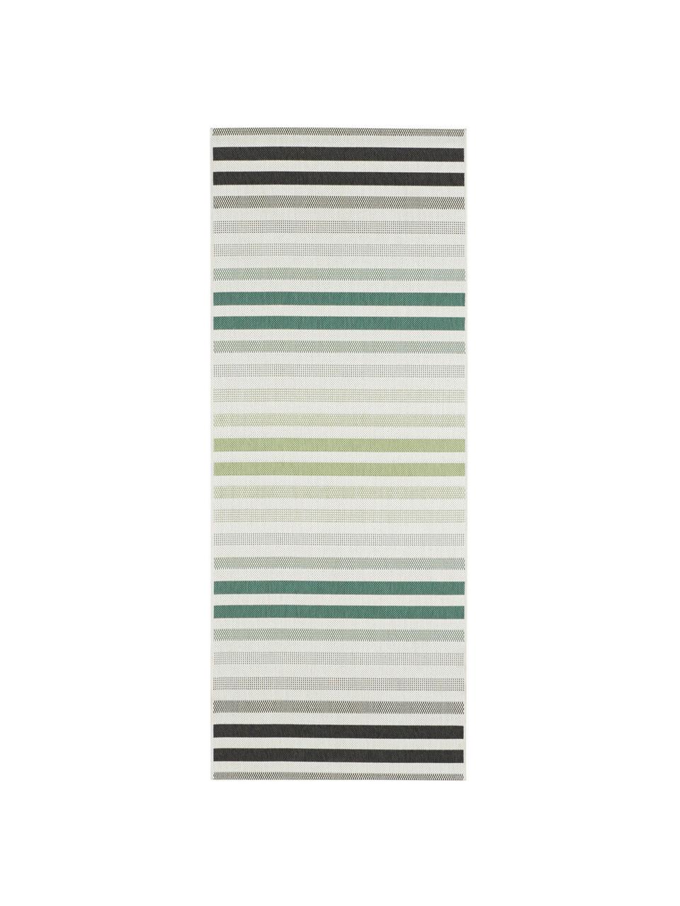 Gestreepte in- & outdoor loper Paros, 100% polypropyleen, Groen, beige, antraciet, 80 x 200 cm