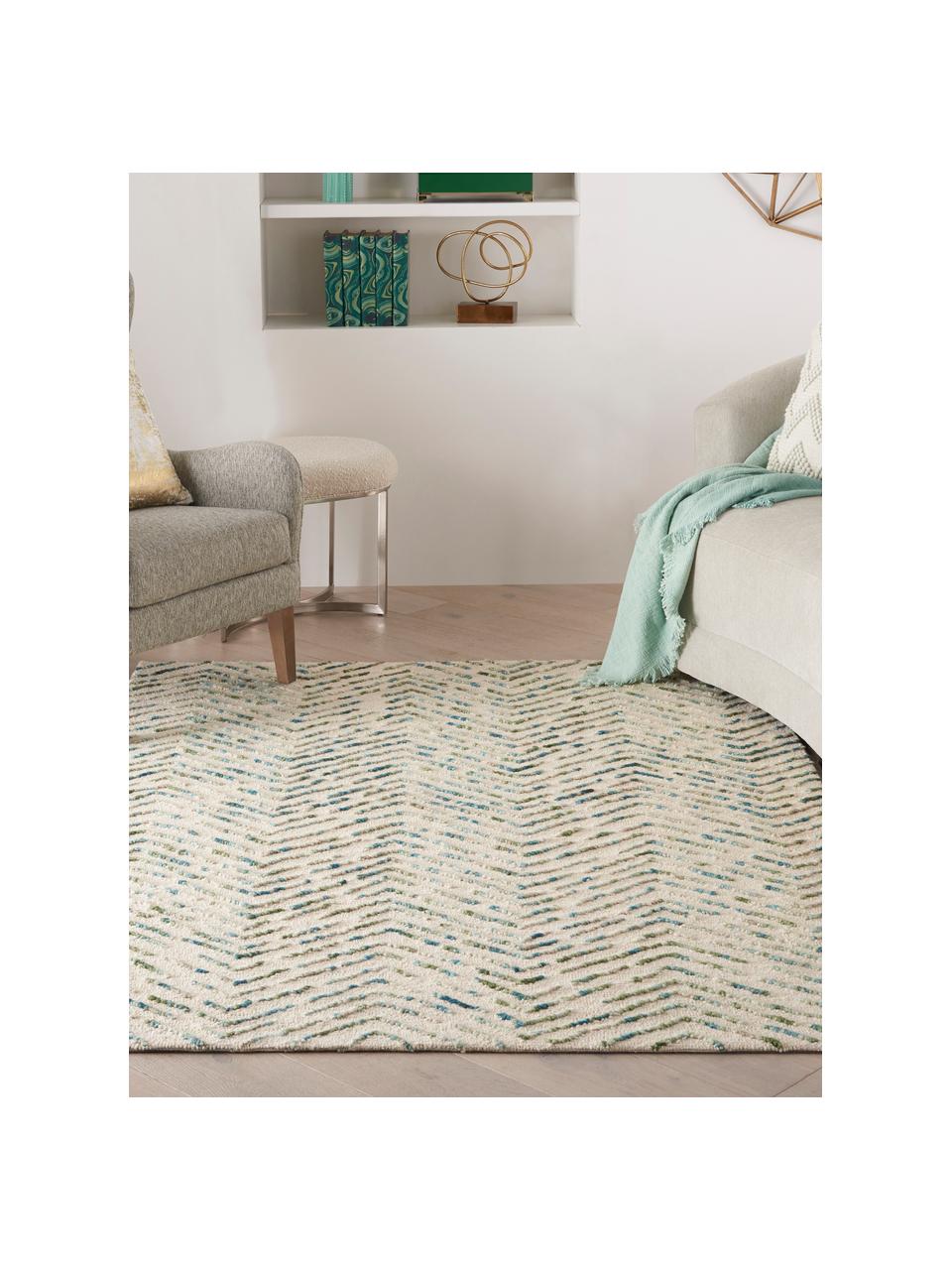 Tapis en laine tissé à la main avec surface texturée Colorado, 100 % laine

Les tapis en laine peuvent perdre des fibres lors des premières semaines et des peluches peuvent se former, ce phénomène est naturel et diminue à mesure de votre usage et du temps, Blanc crème, tons verts, tons bleus, larg. 120 x long. 180 cm (taille S)