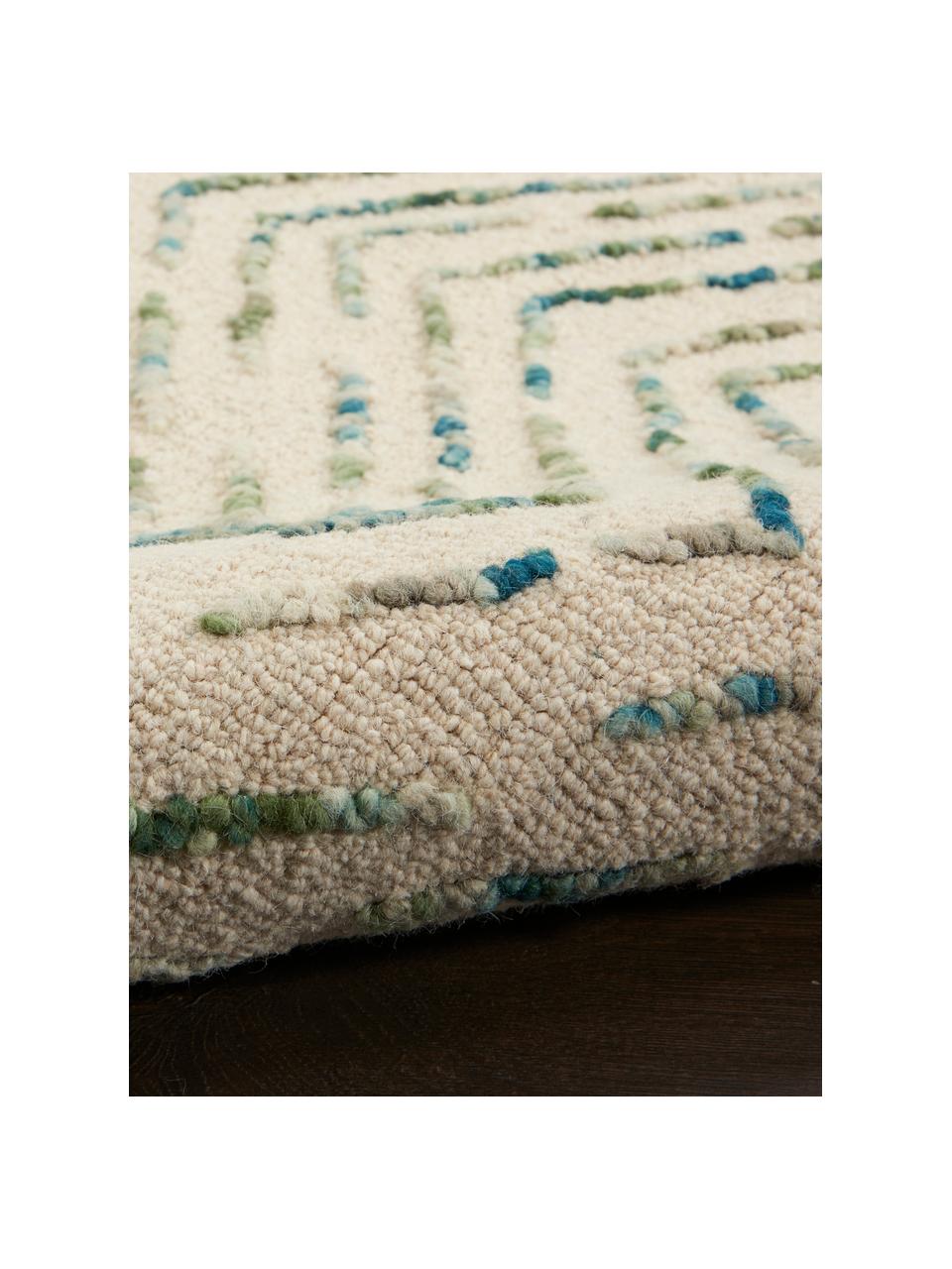 Tappeto in lana tessuto a mano con motivo a rilievo Colorado, 100% lana

Nel caso dei tappeti di lana, le fibre possono staccarsi nelle prime settimane di utilizzo, questo e la formazione di lanugine si riducono con l'uso quotidiano, Crema, tonalità verdi, tonalità blu, Larg. 120 x Lung. 180 cm (taglia S)