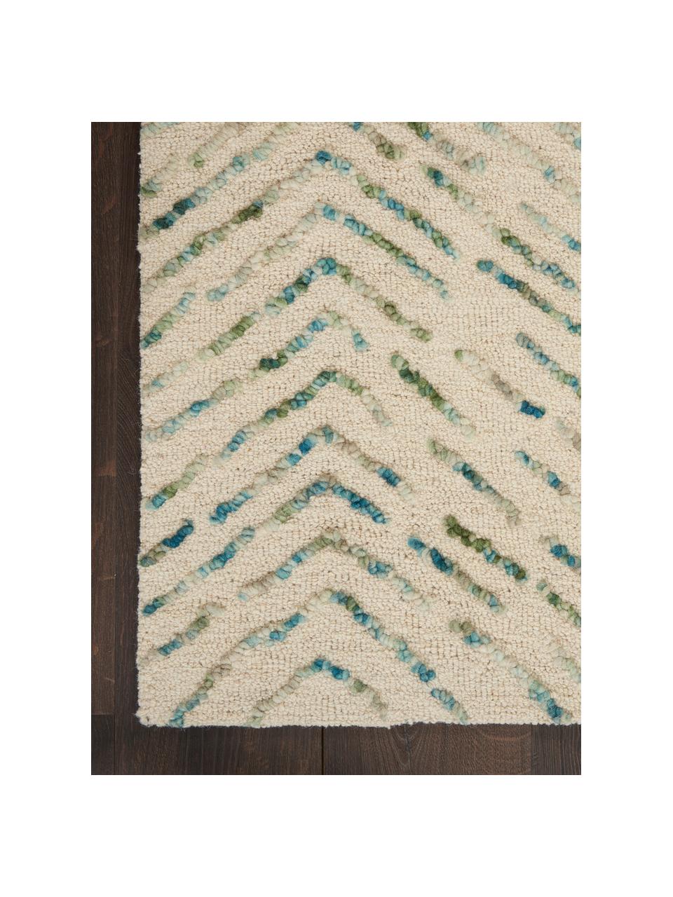 Tapis en laine tissé à la main avec surface texturée Colorado, 100 % laine

Les tapis en laine peuvent perdre des fibres lors des premières semaines et des peluches peuvent se former, ce phénomène est naturel et diminue à mesure de votre usage et du temps, Blanc crème, tons verts, tons bleus, larg. 120 x long. 180 cm (taille S)