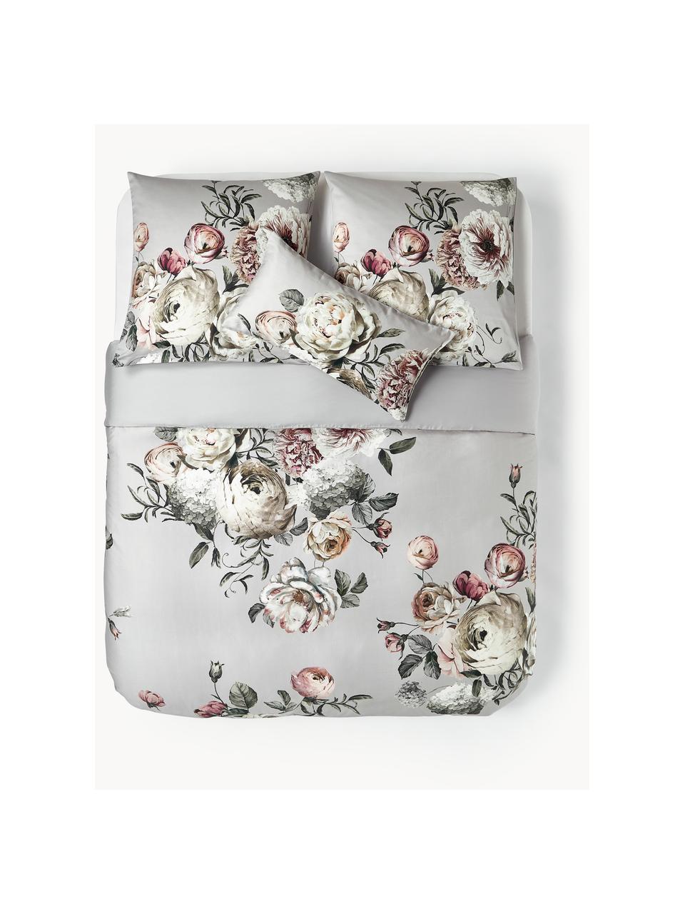Baumwollsatin-Bettwäsche Blossom mit Blumen-Print, Webart: Satin Fadendichte 210 TC,, Hellgrau, Beigetöne, 135 x 200 cm + 1 Kissen 80 x 80 cm