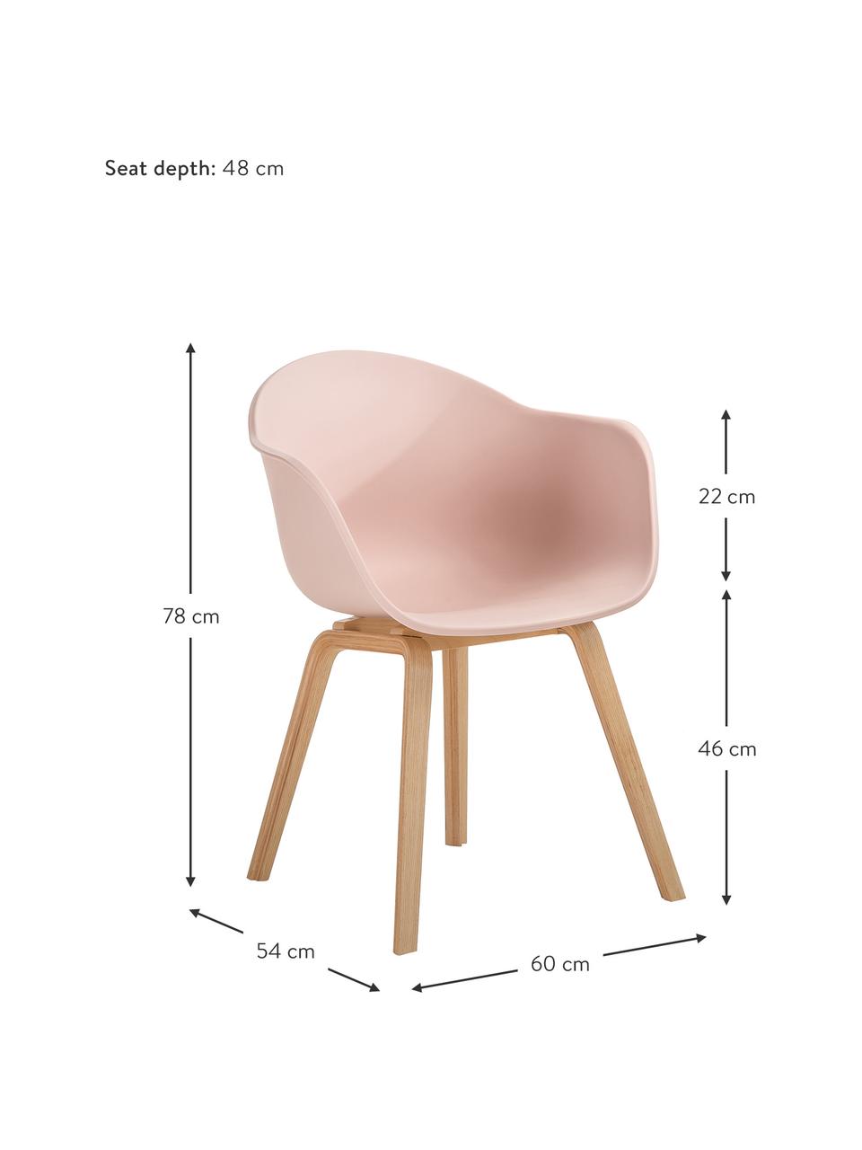 Sedia con braccioli e gambe in legno Claire, Seduta: plastica, Gambe: legno di faggio, Materiale sintetico rosa, Larg. 60 x Alt. 54 cm