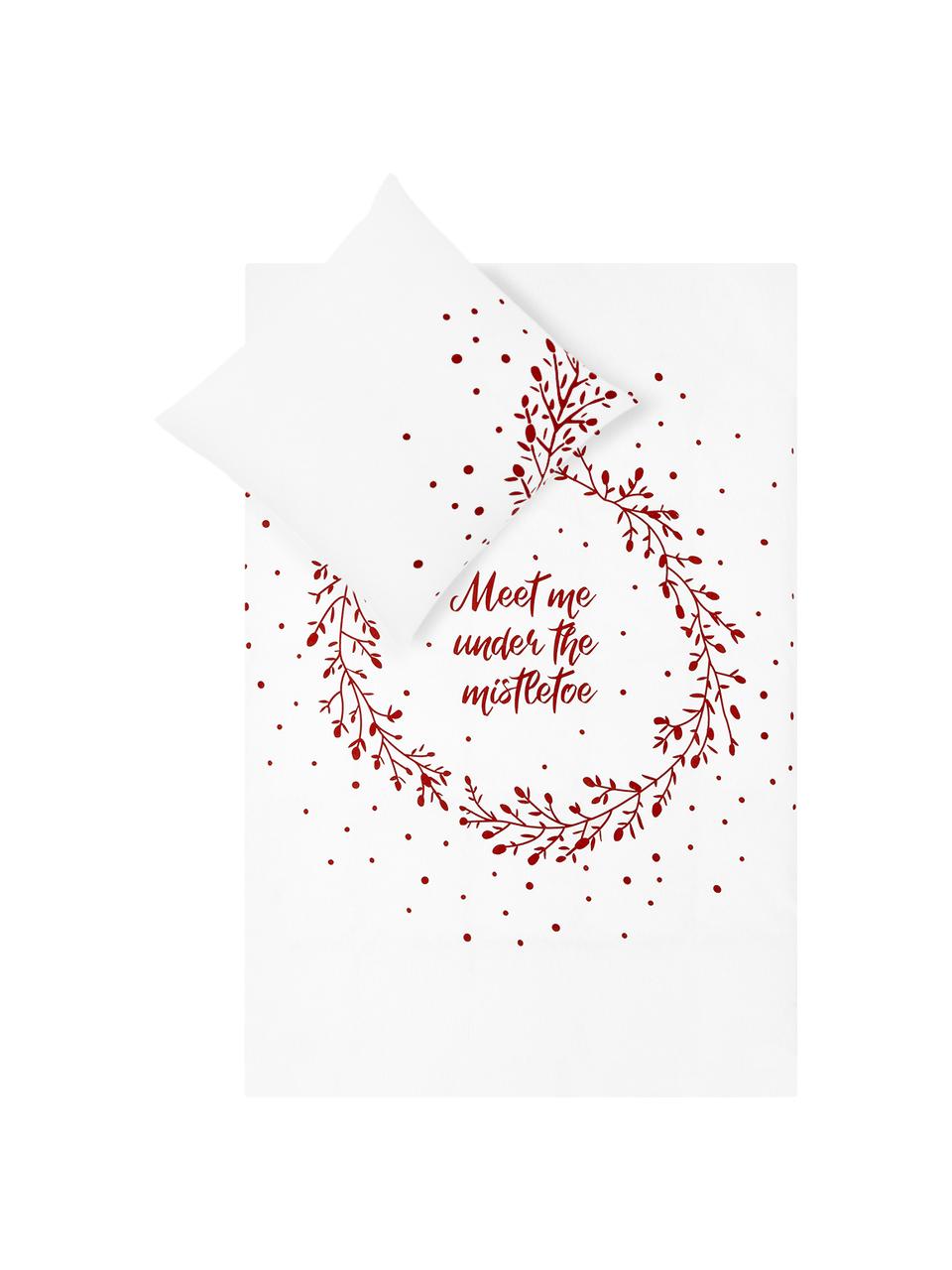 Pościel z flaneli Mistletoe, Biały, czerwony, 240 x 220 cm + 2 poduszki 80 x 80 cm