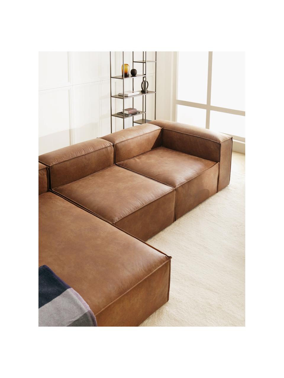 Canapé modulable en cuir recyclé brun Lennon, Cuir brun, larg. 327 x prof. 180 cm, méridienne à gauche