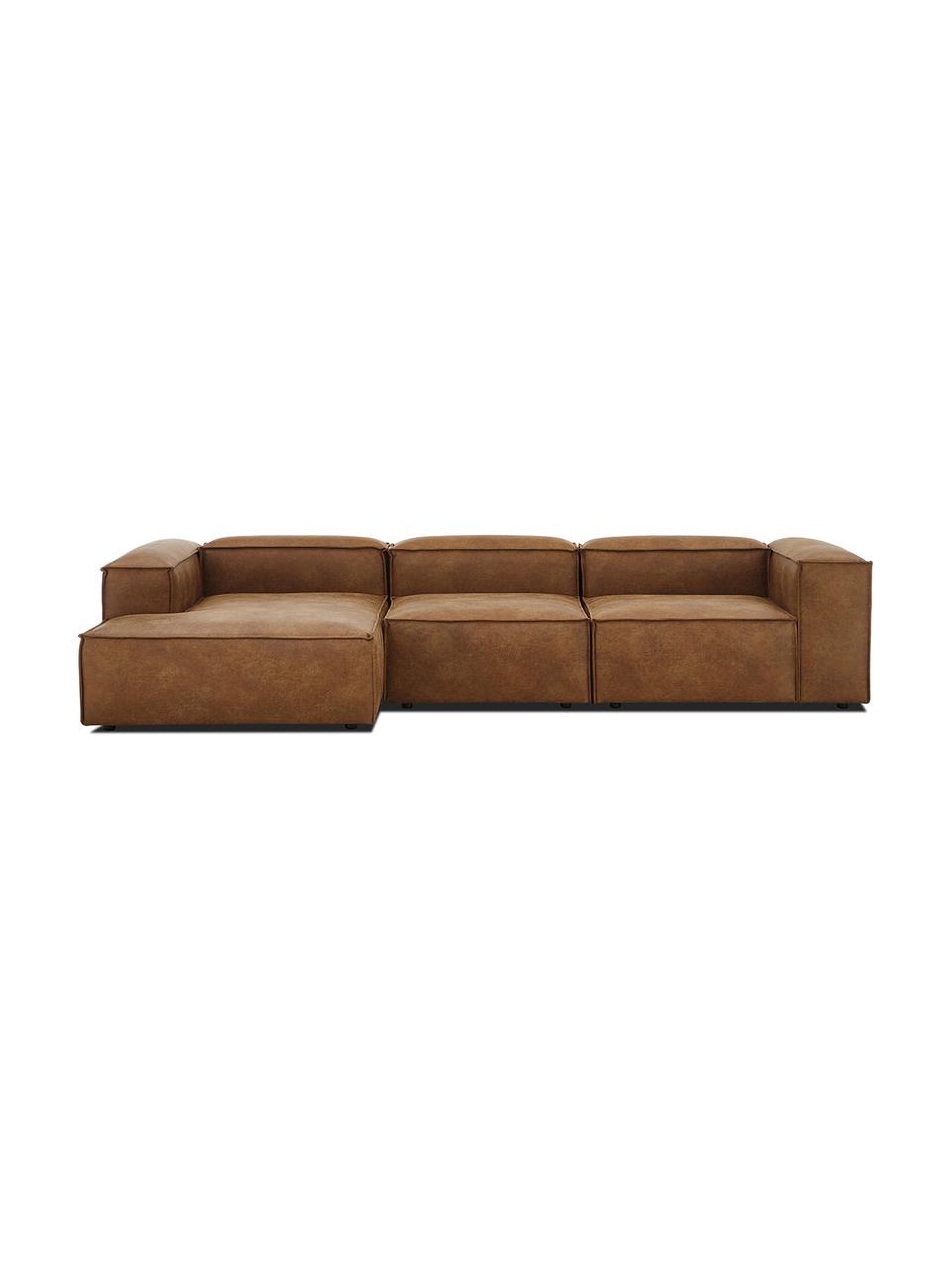 Sofá rinconera modular de cuero reciclado Lennon, Tapizado: cuero reciclado (70% cuer, Estructura: madera de pino maciza, ma, Patas: plástico Las patas están , Cuero marrón, An 327 x F 180 cm, chaise longue izquierda