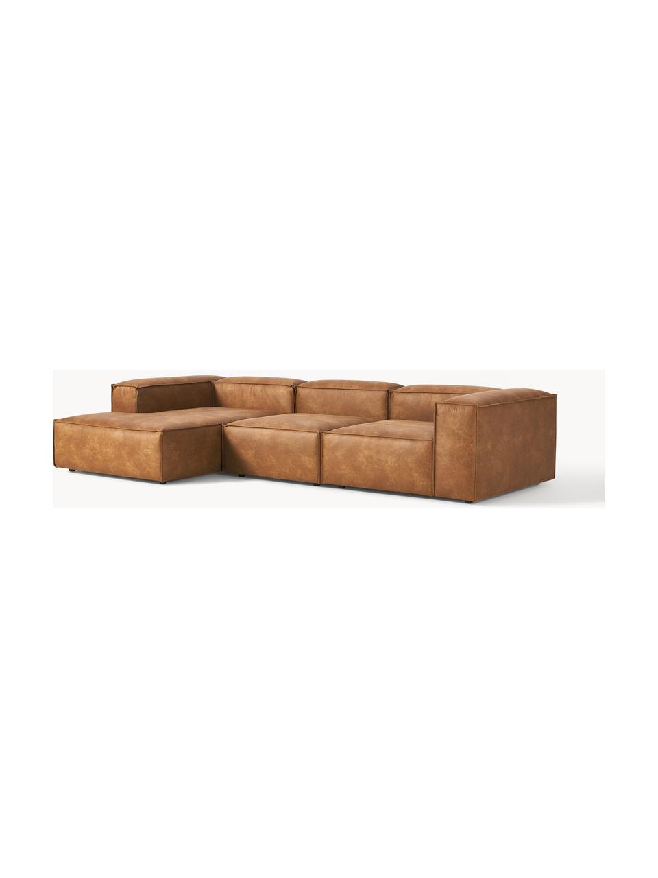 Modulaire hoekbank Lennon van gerecycled leer, Bekleding: gerecycled leer (70% leer, Frame: massief hout, multiplex, Poten: kunststof Dit product is , Leer bruin, B 327 x D 180 cm, hoekdeel links