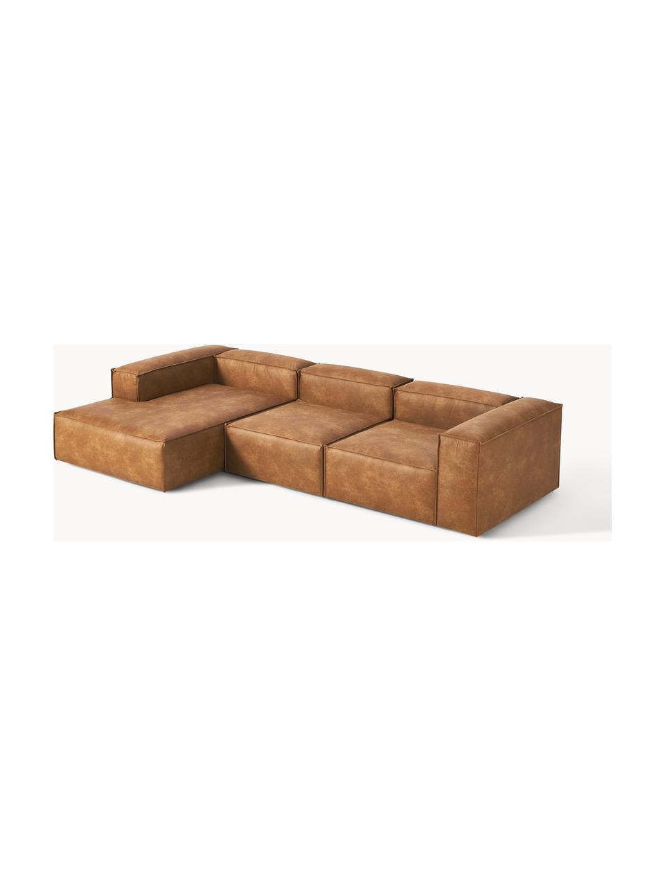 Canapé d'angle modulable en cuir recyclé Lennon, Cuir brun, larg. 327 x prof. 180 cm, méridienne à gauche