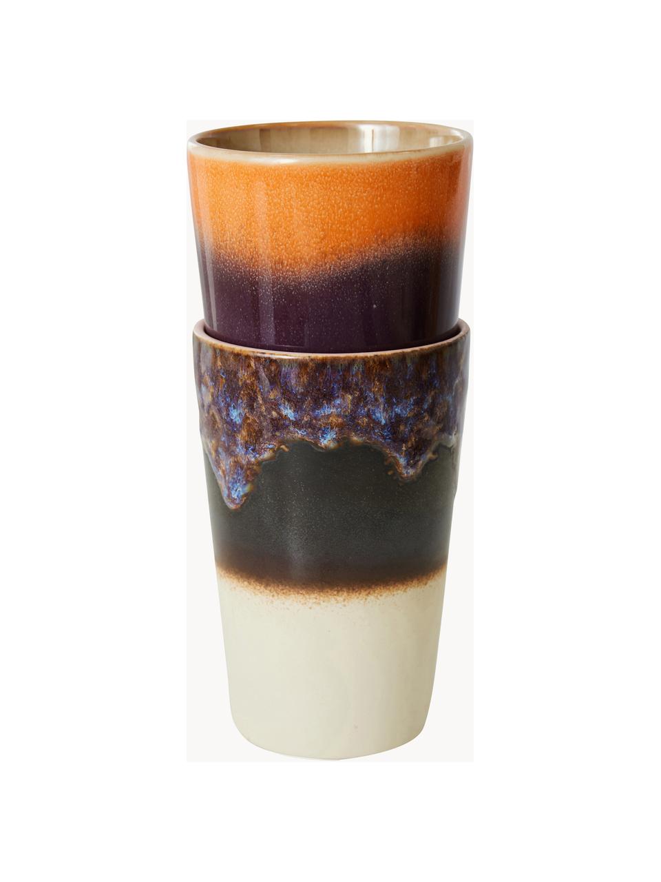Handbemalte XL Keramik-Becher 70's mit reaktiver Glasur, 2-er Set, Keramik, Bunt, Ø 9 x H 14 cm, 475 ml