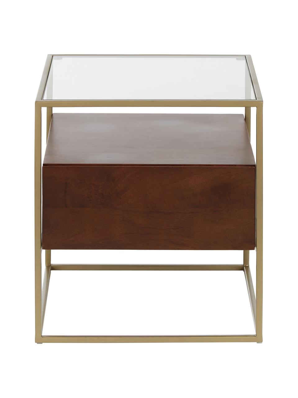 Nachtkastje Theodor met lade, Tafelblad: glas, Frame: gepoedercoat metaal, Mangohout, bruin, B 50 x H 50 cm