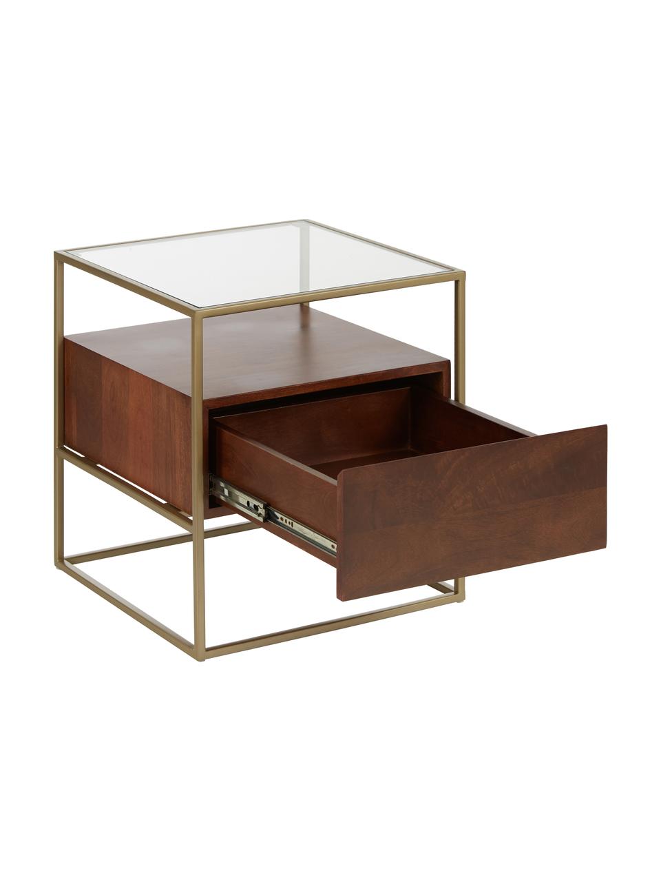 Nachttisch Theodor mit Schublade, Tischplatte: Glas, Gestell: Metall, pulverbeschichtet, Mangoholz, Braun, B 45 x H 50 cm