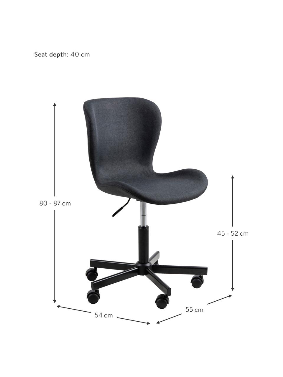 Bürodrehstuhl Batilda in Anthrazit, höhenverstellbar, Bezug: Stoff, Beine: Metall, pulverbeschichtet, Rollen: Kunststoff, Webstoff Anthrazit, B 55 x T 54 cm