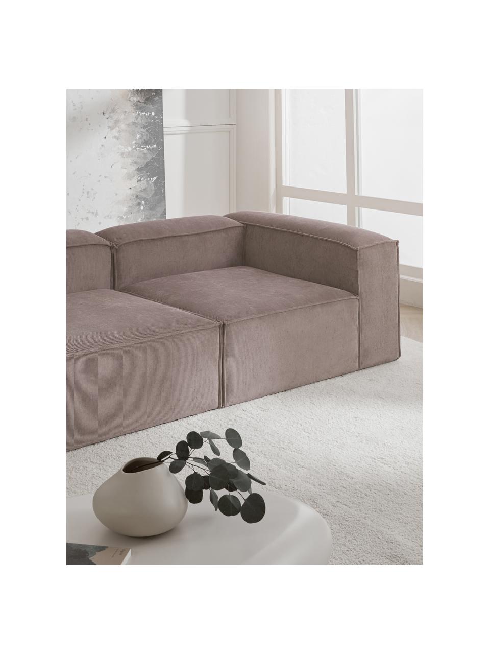 Modulo angolare in velluto a coste Lennon, Rivestimento: velluto a coste (92% poli, Struttura: legno di pino massiccio, , Piedini: plastica, Velluto a coste taupe, Larg. 119 x Prof. 119 cm, angolo a sinistra