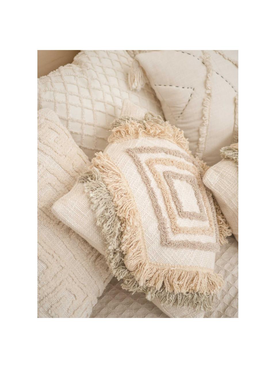 Federa arredo boho con frange decorative Joana, 100% cotone, Beige, taupe, verde salvia, Larg. 45 x Lung. 45 cm