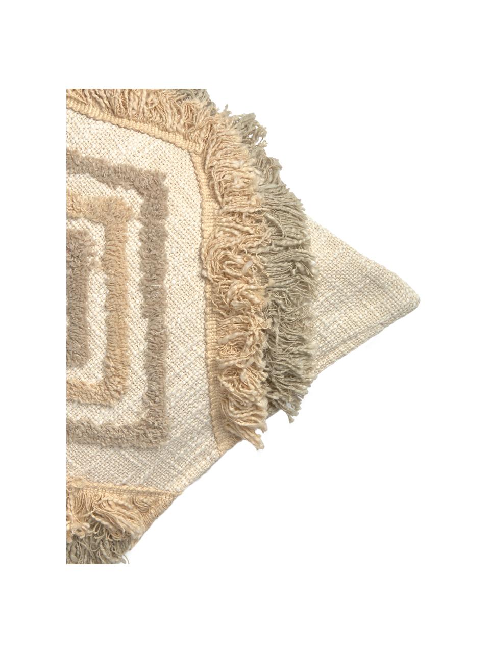 Federa arredo boho con frange decorative Joana, 100% cotone, Beige, taupe, verde salvia, Larg. 45 x Lung. 45 cm