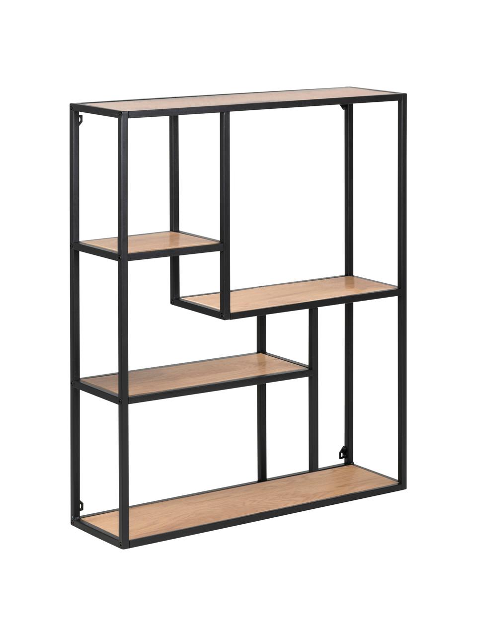 Scaffale da parete in legno e metallo Seaford, Ripiani: pannello di fibra a media, Struttura: metallo verniciato a polv, Legno di quercia selvatica, nero, Larg. 75 x Alt. 91 cm