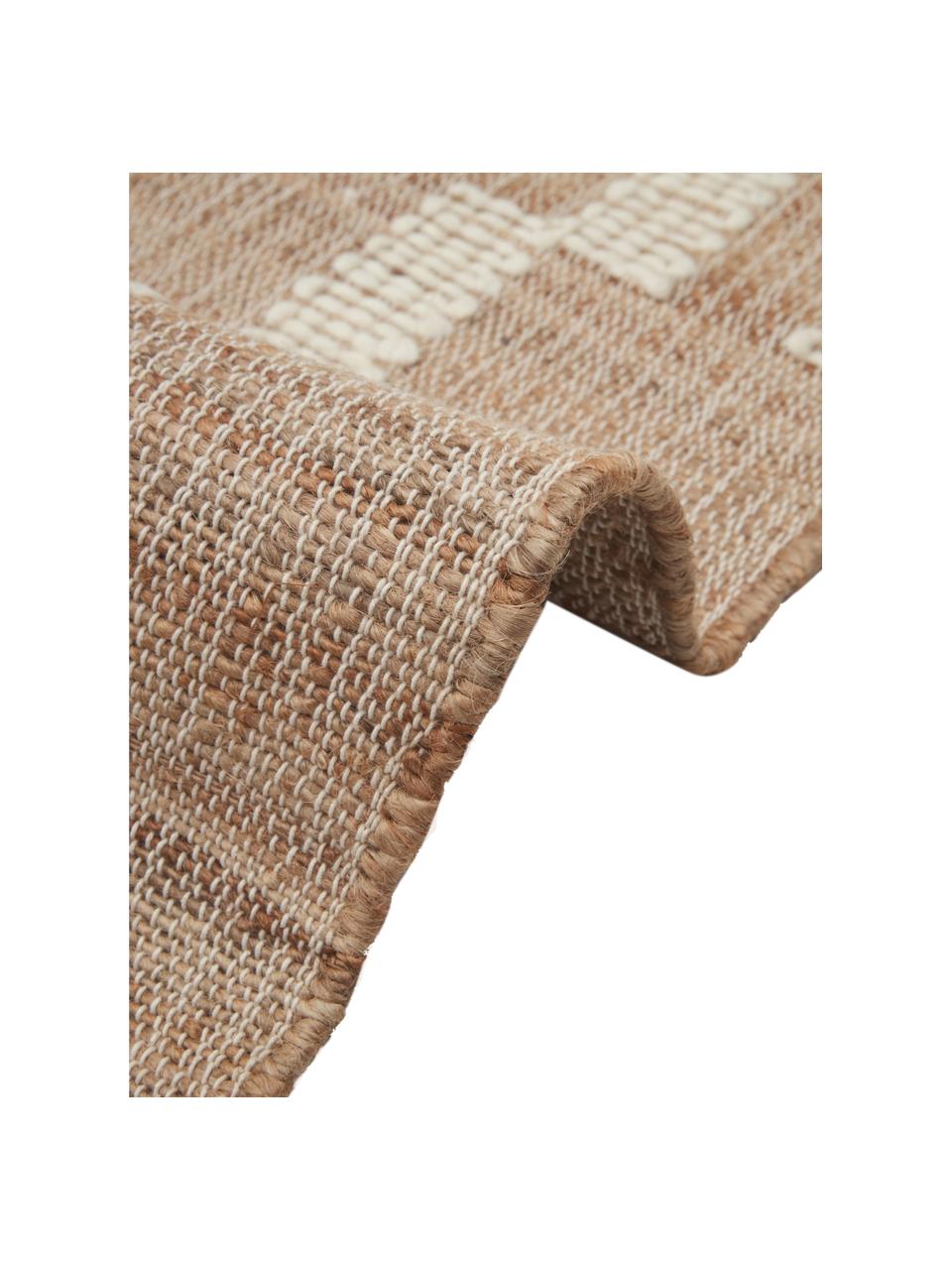 Handgefertigte Jute-Fußmatte Kerala mit Fransen, 68 % Jute, 23 % Baumwolle, 9 % Wolle, Braun, Cremeweiß, B 50 x L 80 cm