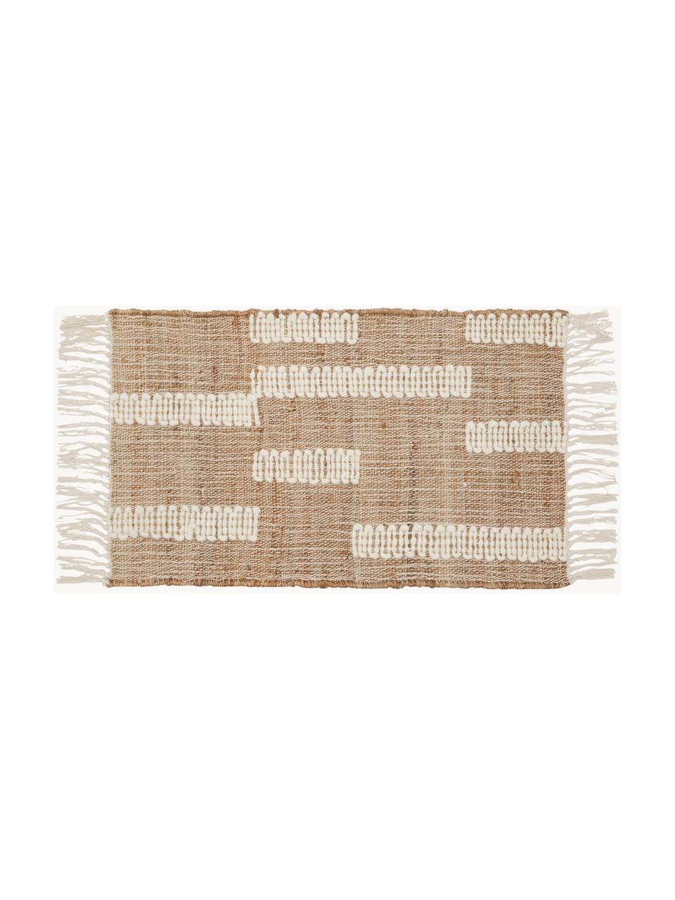 Handgefertigte Jute-Fussmatte Kerala mit Fransen, 68 % Jute, 23 % Baumwolle, 9 % Wolle, Braun, Cremeweiss, B 50 x L 80 cm