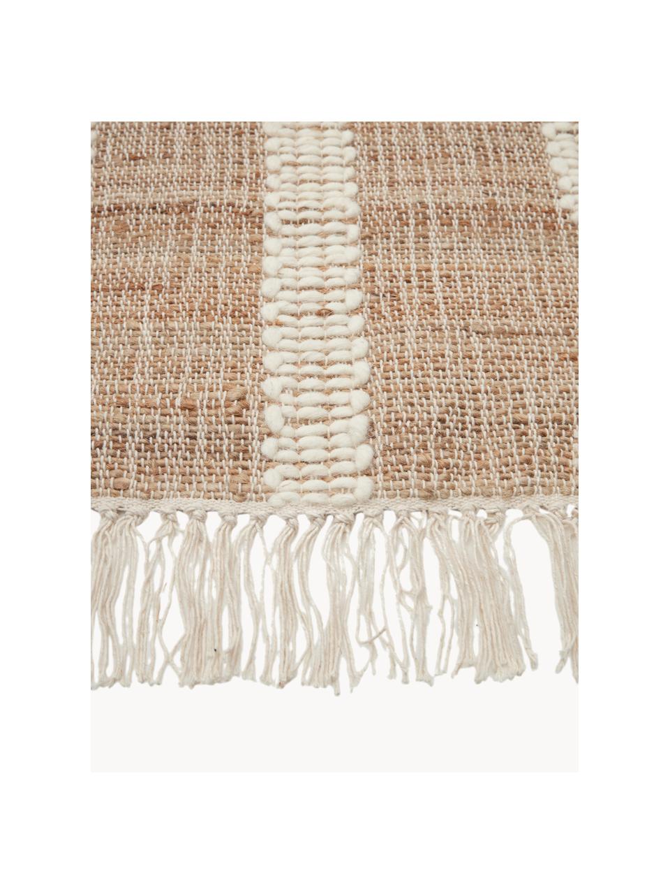 Ručne vyrobená jutová rohožka so strapcami Kerala, 68 % juta, 23 % bavlna, 9% vlna, Hnedá, krémovobiela, Š 50 x D 80 cm