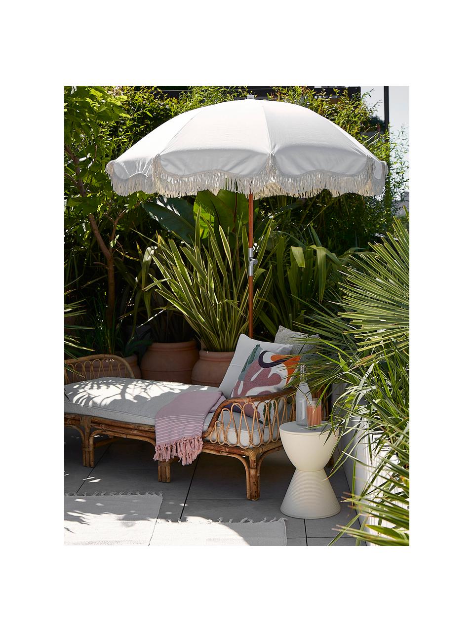 Parasol Retro met franjes, knikbaar, Frame: gelamineerd hout, Franjes: katoen, Wit, crèmewit, Ø 180 x H 230 cm