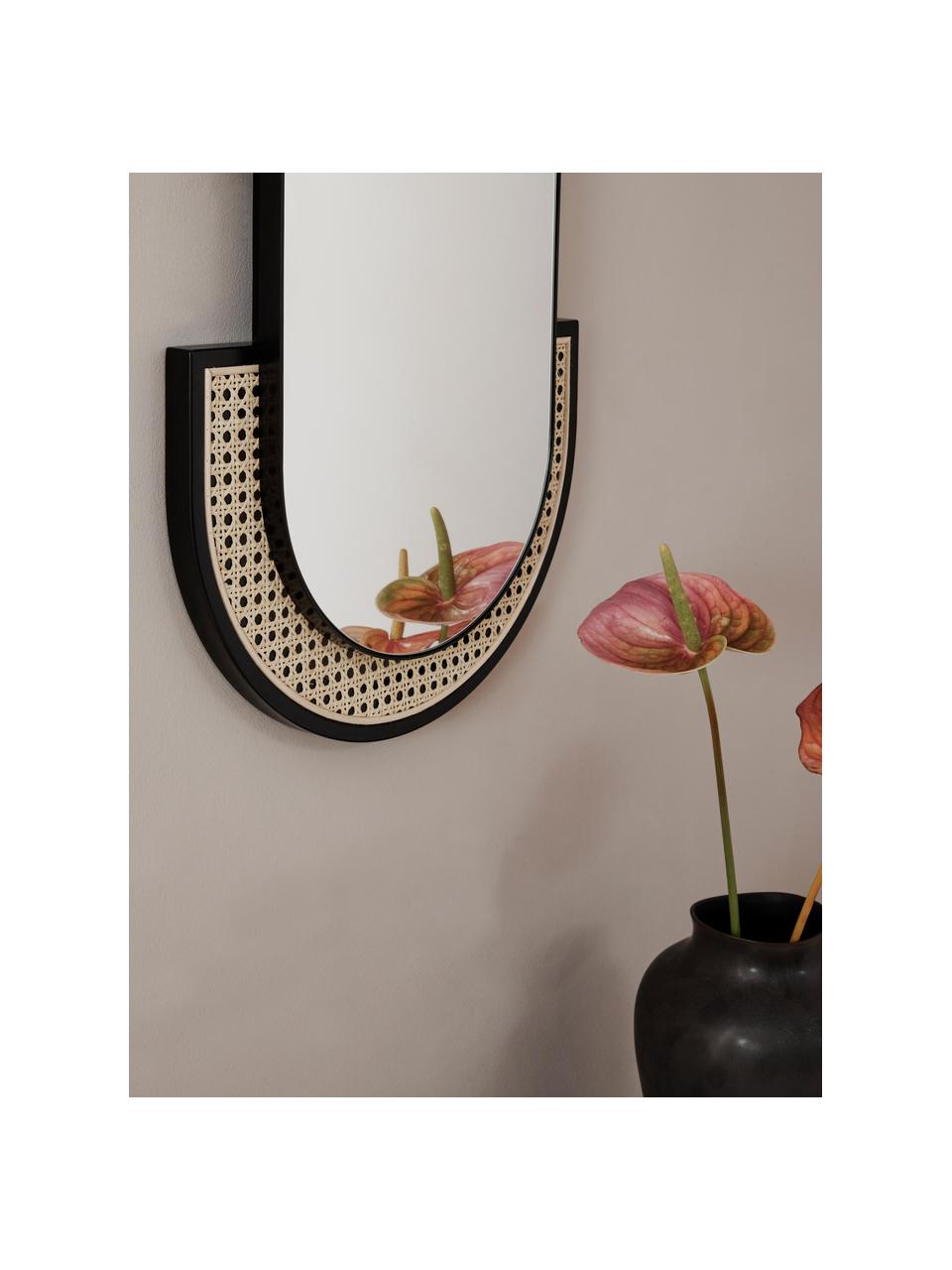 Ovaler Wandspiegel Esma mit Wiener Geflecht, Rahmen: Metall, Rattan, Rückseite: Mitteldichte Holzfaserpla, Spiegelfläche: Spiegelglas, Schwarz, Beige, B 43 x H 75 cm