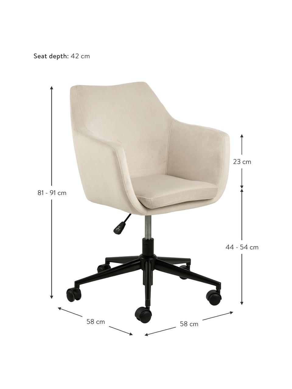 Krzesło biurowe z aksamitu Nora, obrotowe, Tapicerka: poliester (aksamit) 25 00, Stelaż: metal malowany proszkowo, Beżowy aksamit, S 58 x G 58 cm
