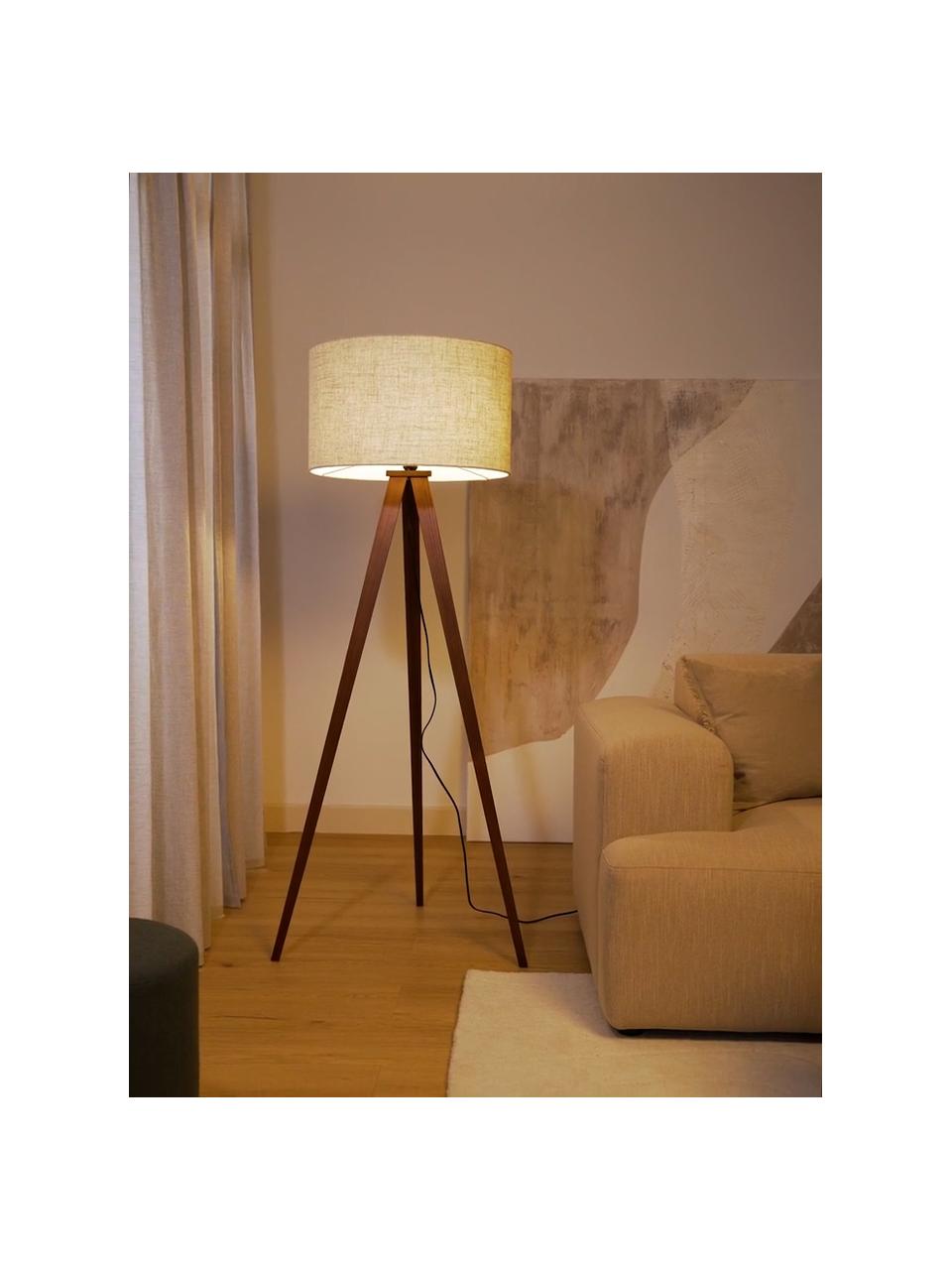 Scandi tripod vloerlamp Jake van massief hout, Lampenkap: linnen, Lampvoet: essenhout, FSC-gecertific, Crèmekleurig, donkerbruin, Ø 60 x H 150 cm