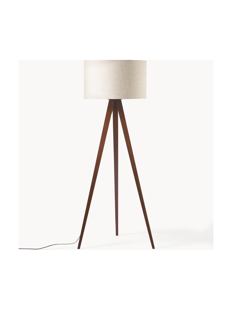 Tripod vloerlamp Jake van massief hout, Lampenkap: linnen, Lampvoet: essenhout, FSC-gecertific, Beige, donkerbruin, H 150 cm