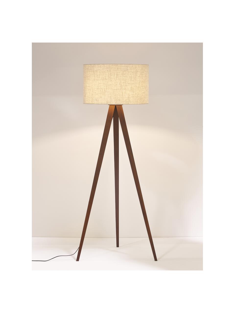 Lampada treppiede da terra scandi in legno massiccio Jake, Paralume: lino, Gambe: legno di frassino, certif, Beige, marrone scuro, Alt. 150 cm