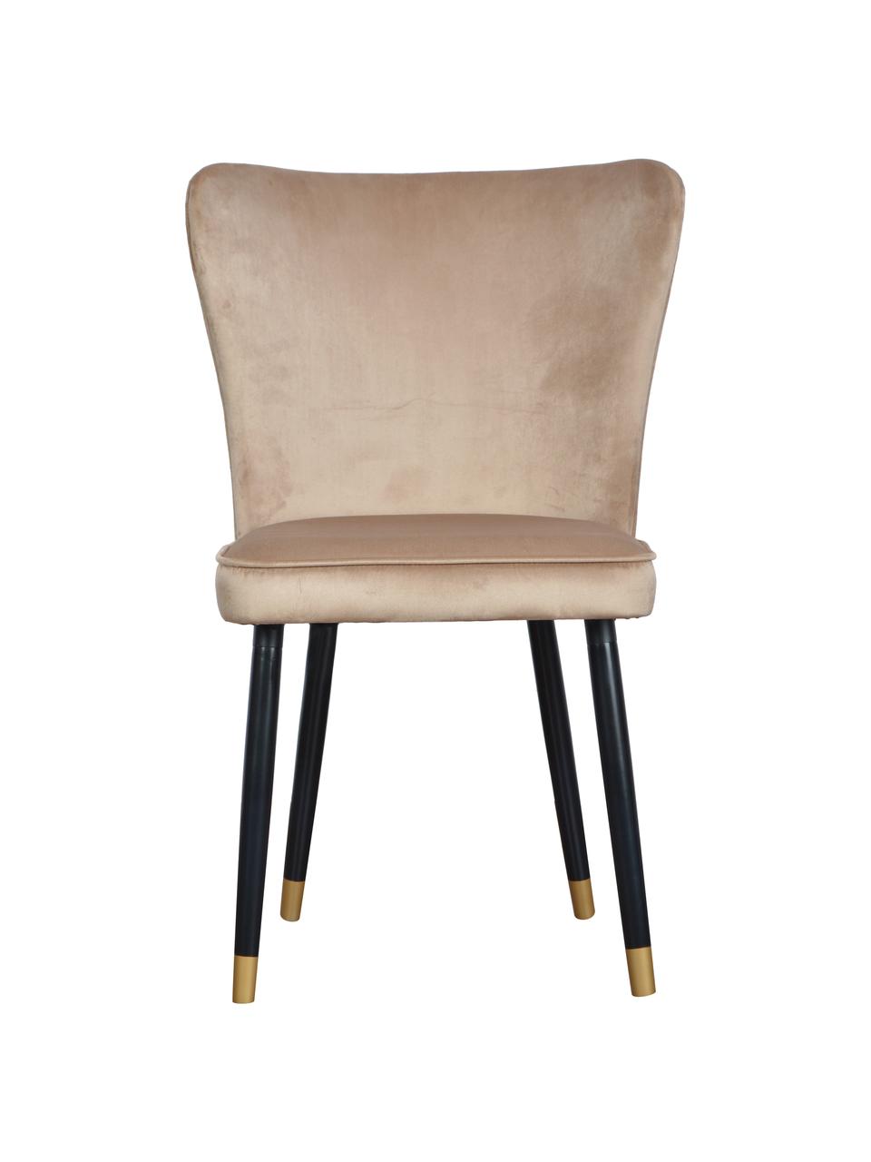 Sedia imbottita in velluto beige Monti, Rivestimento: velluto (100% poliestere), Gambe: legno impiallacciato, Velluto beige, nero, dorato, Larg. 55 x Prof. 66 cm