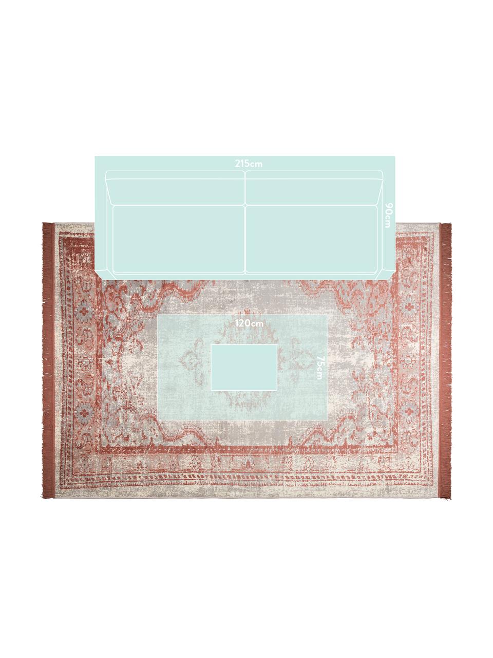 Vintage Teppich Marvel mit Fransen, Flor: 66% Kunstseide, 25% Baumw, Lachsrot und Beigetöne, B 200 x L 300 cm (Grösse L)