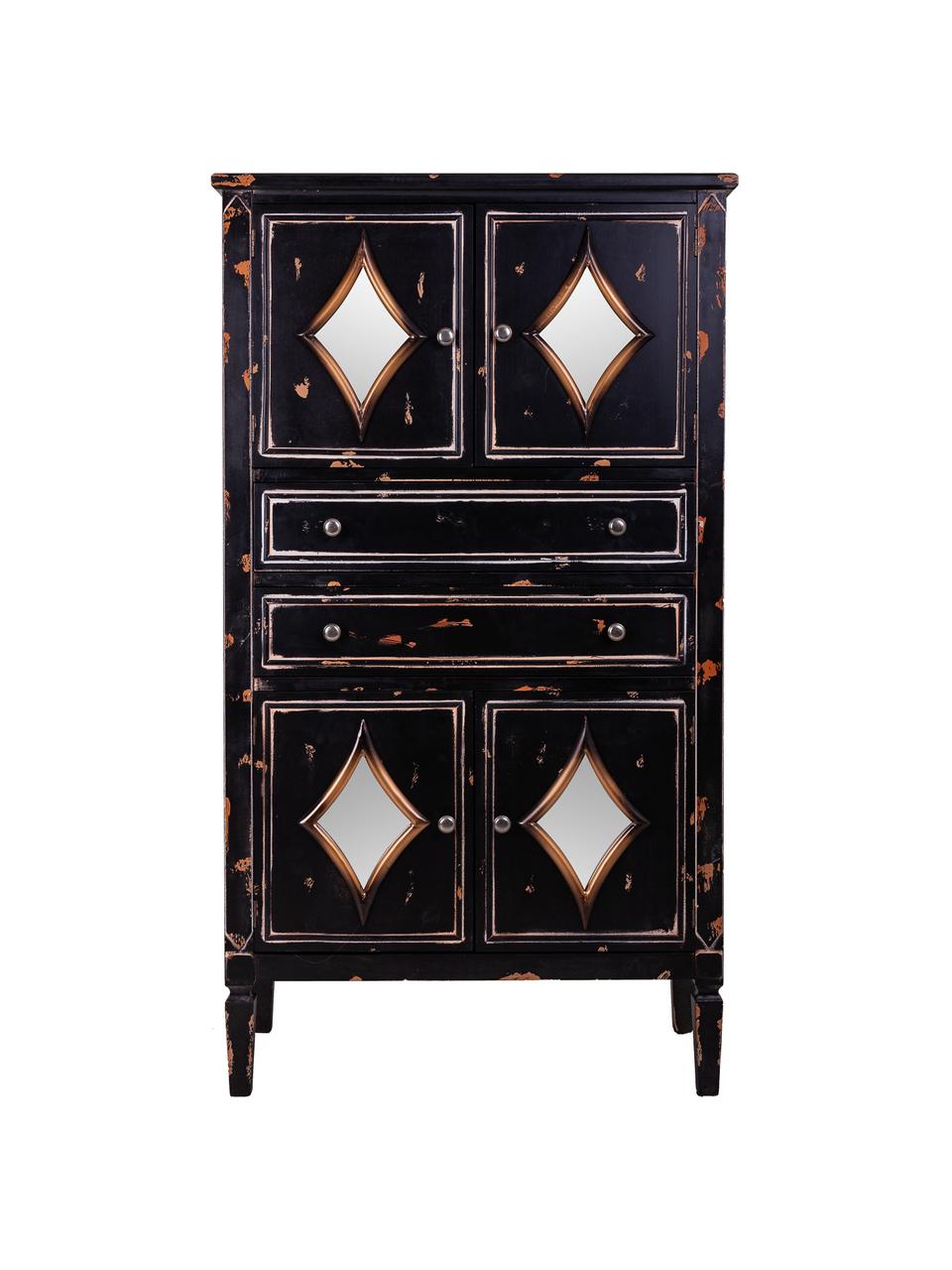 Credenza alta in legno di abete con finitura antica Rene, Nero, argentato, tonalità marroni, Larg. 80 x Alt. 142 cm