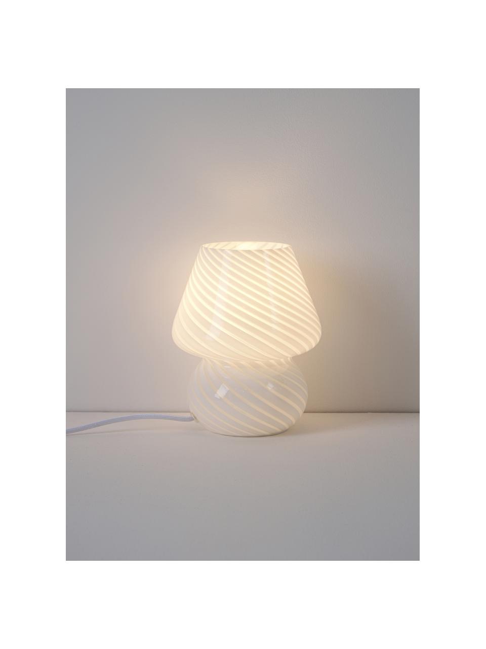 Lámpara de noche pequeña de vidrio opalino Lareina, Lámpara: vidrio opalino, Cable: cubierto en tela, Blanco, Ø 15 x Al 19 cm