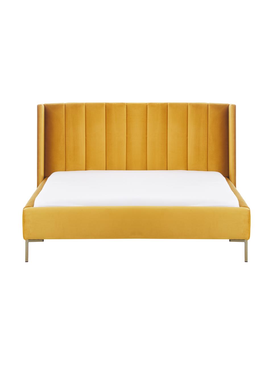Cama tapizada en terciopelo Dusk, Tapizado: terciopelo de poliéster A, Estructura: madera de pino maciza con, Patas: metal con pintura en polv, Terciopelo amarillo, An 140 x L 200 cm