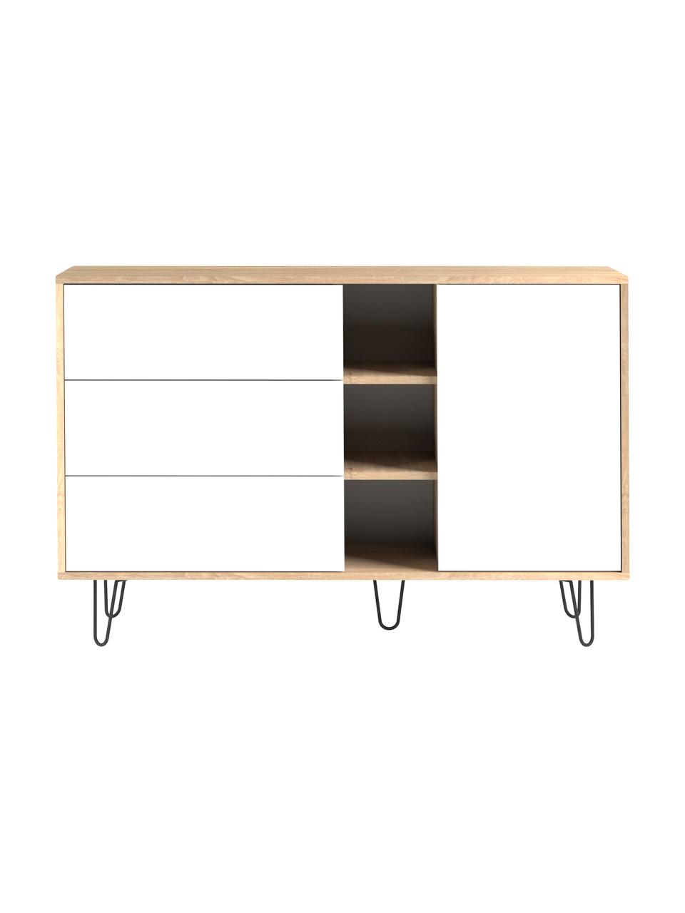 Credenza di design Aero, Piedini: metallo verniciato, Legno di quercia, bianco, Larg. 120 x Alt. 80 cm