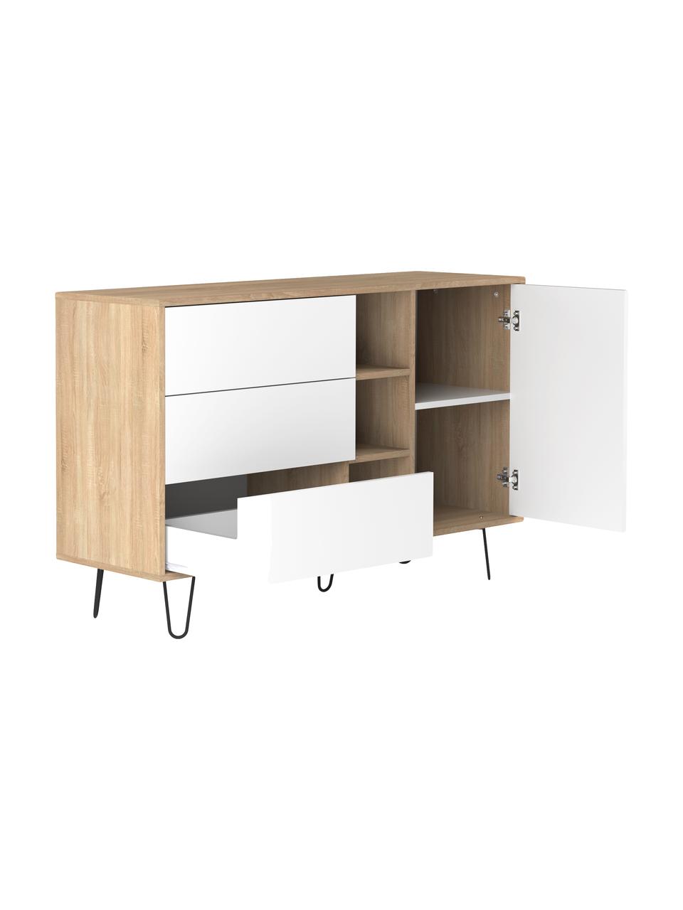 Design dressoir Aero met lades, Frame: spaanplaat, melamine bekl, Poten: gelakt metaal, Eikenhoutkleurig, wit, 120 x 80 cm