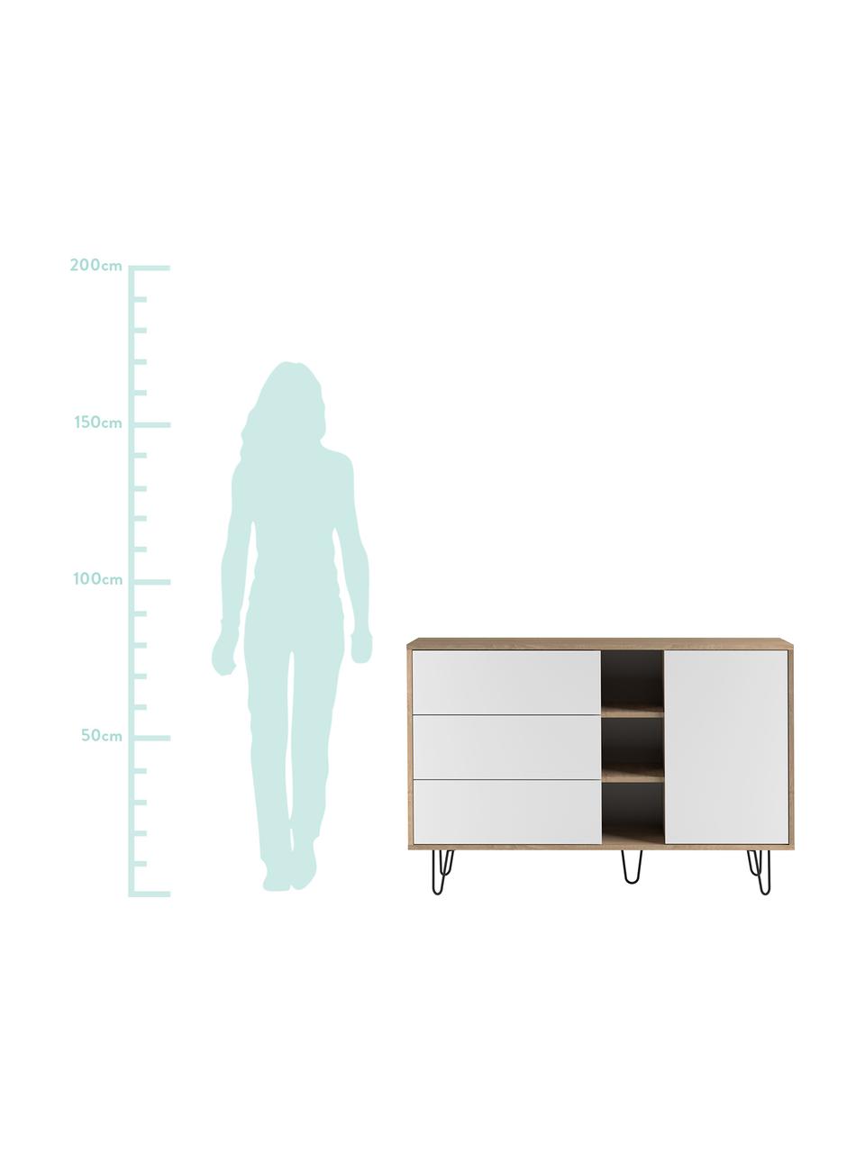 Design dressoir Aero met lades, Frame: spaanplaat, melamine bekl, Poten: gelakt metaal, Eikenhoutkleurig, wit, 120 x 80 cm