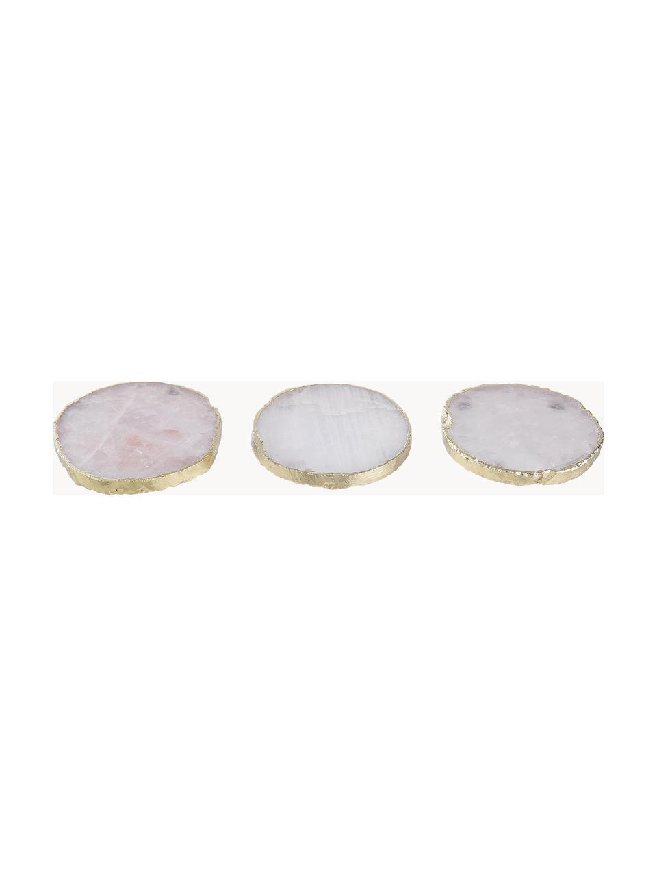Onderzetters Crystale van edelstenen, 4 stuks, Witte kwarts, Lichtroze, goudkleurig, Ø 11 cm