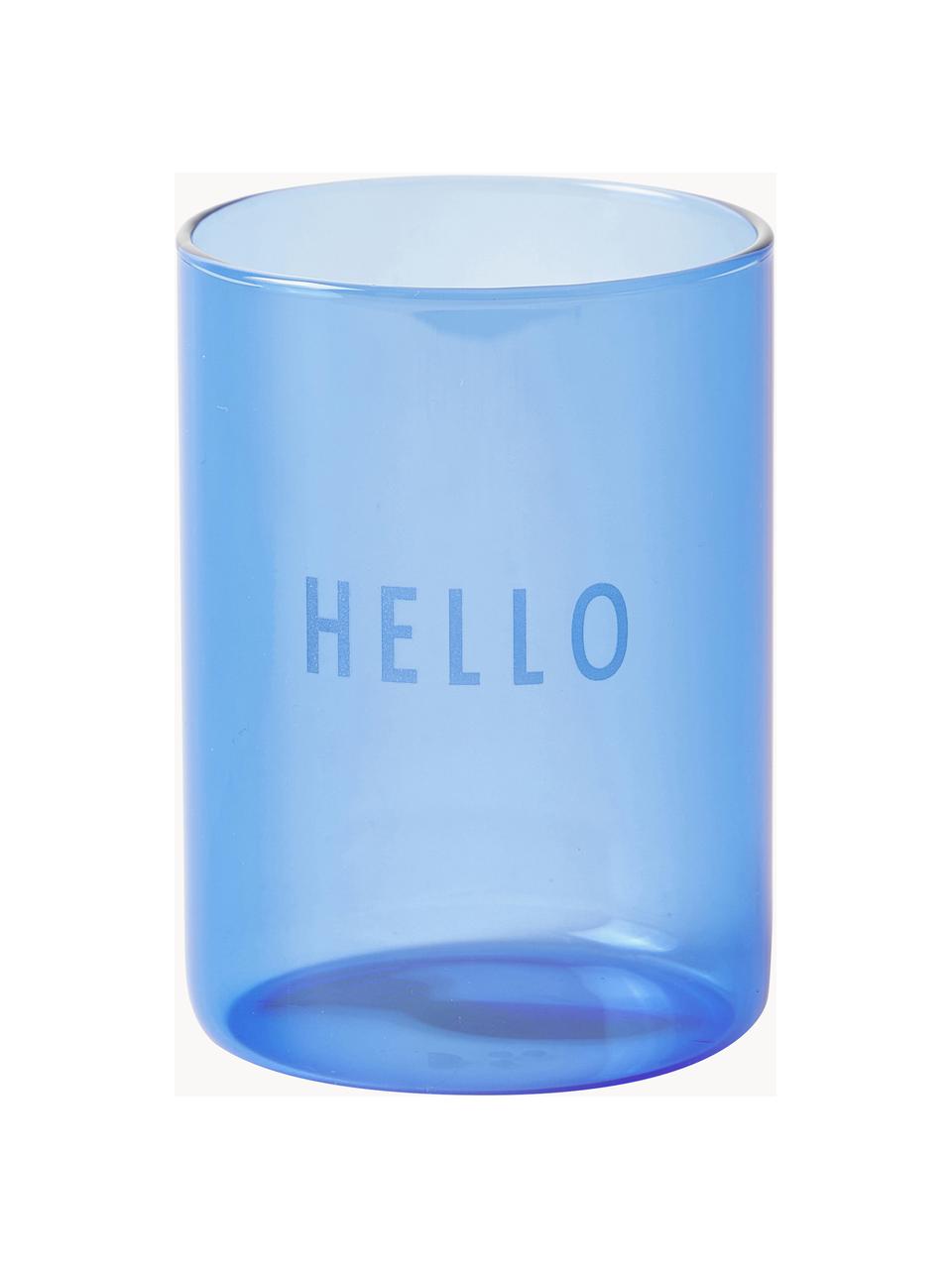 Bicchiere di design con scritta Favorite HELLO, Vetro borosilicato, Blu (Hello), Ø 8 x Alt. 11 cm, 350 ml